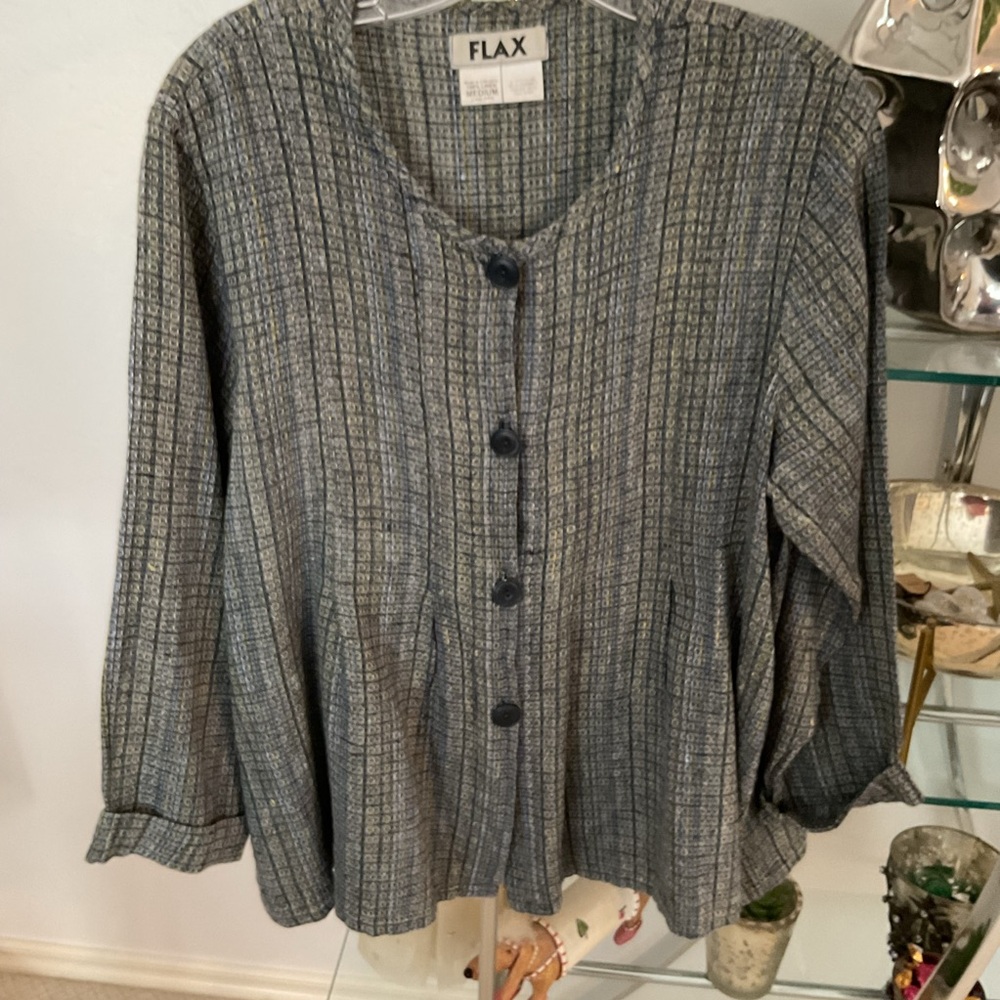 Flax Black and Gray Textured Button-Up jacket Blouse with touches of yellow.